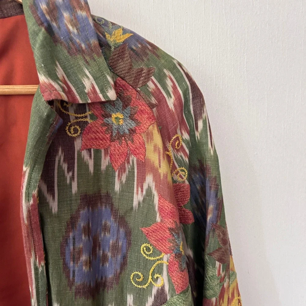 Coldwater Creek Blazer Womens L Green Ikat Floral Embroidered Linen Boho Jacket